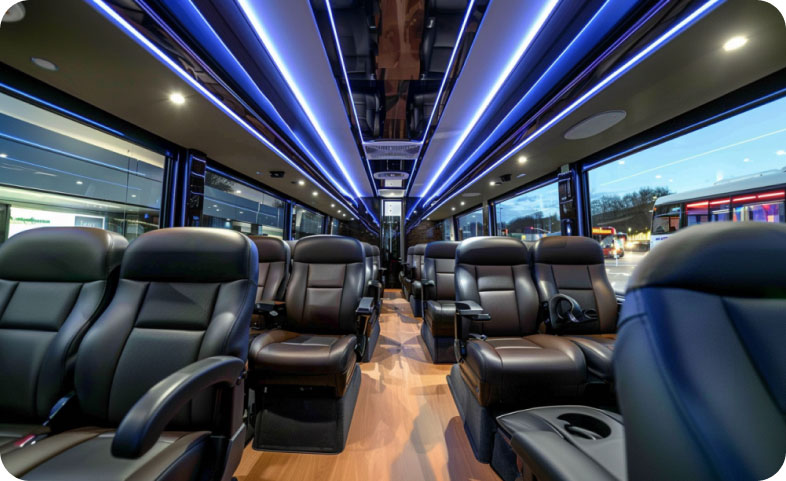 Spacious and comfortable interior of a premium coach bus available in Australia for hire.