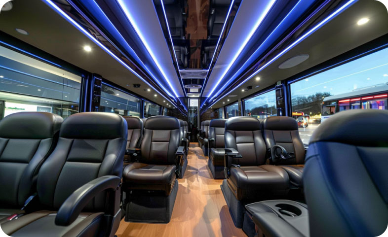 Spacious and comfortable interior of a premium coach bus available in Australia for hire in Australia, April 2024, Coachhire.