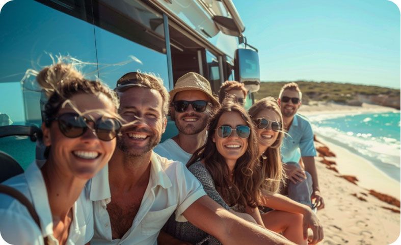 Satisfied tourists enjoying their journey with Australia's top-rated coach service in Australia, April 2024, Coachhire.