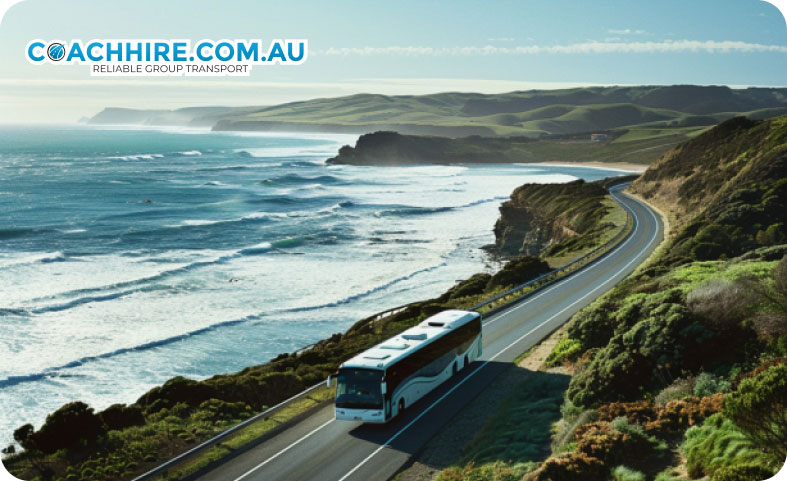 Bus journey along the scenic Great Ocean Road in Australia, April 2024, Bus Hire.