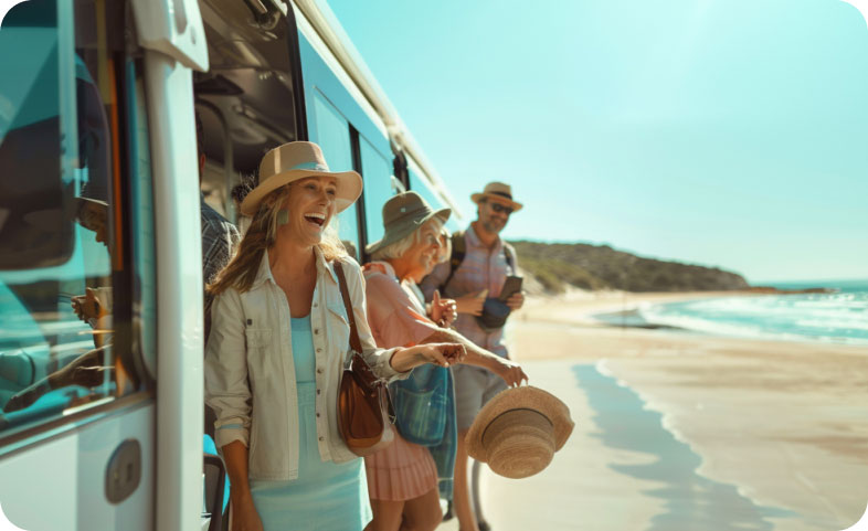 Tourists boarding a coach for an Australian adventure.