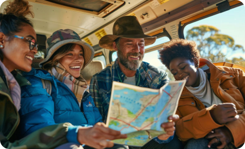 Happy travelers consulting a map during their mini bus journey in Australia, April 2024, Mini bus.