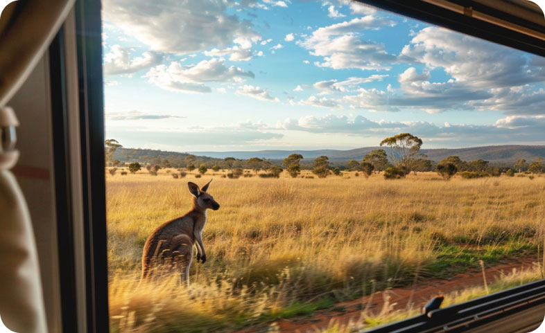 Scenic Australian landscape viewed from the window of a hired mini bus, in Australia, April 2024, Mini bus.